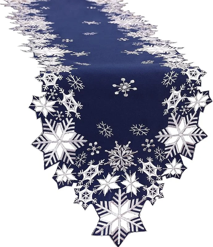 Simhomsen Camino de mesa bordado de copos de nieve para Navidad vacaciones e invierno (azul marino, 14 x 54 pulgadas) — Hogar y cocina