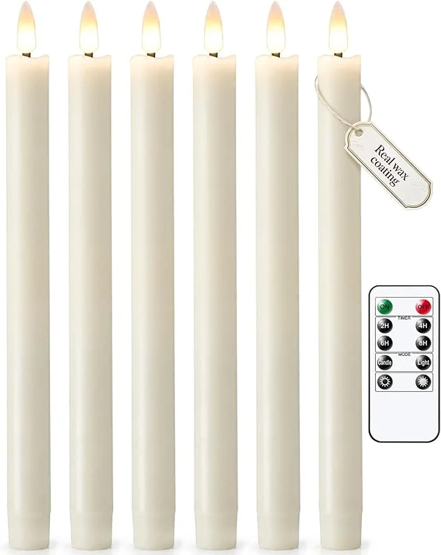 AdalyRoma Velas LED largas 6 uds. con temporizador 2, 4, 6, 8h, sin llama, cera real 2 x 24, 5 cm, pilas AA, regulables, parpadeo y luz continua, Navidad, boda, decoración — Luces Navidad
