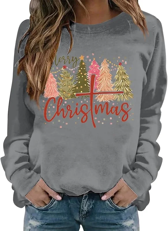Generic HUIFUAO Sudaderas de Feliz Navidad para mujer, suéter feo de Navidad, árbol de Navidad, manga larga, estampado, traje de Navidad para mujer — Ropa Navidad