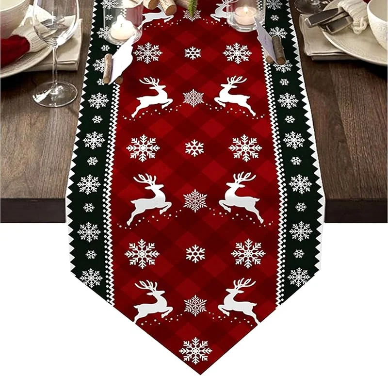 KASESSS Camino De Mesa Navidad Rojo, Copos De Nieve Renos Camino De Mesa De Navidad, Lavable Lino Cuadros Mantel De NavideñO para Invierno Comedor Decoraciones 33 x 183cm — Hogar y cocina