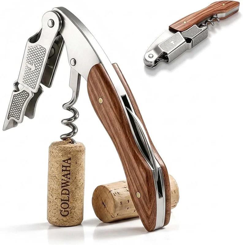 SLIAXINT sacacorchos profesional en acero inoxidable, plegable abridor de vino, saca rolhas mango de madera 3 en 1 sacacorchos de camarero con abrebotellas y cortacápsulas cada ocasión en el hogar — Vino y mesa festiva