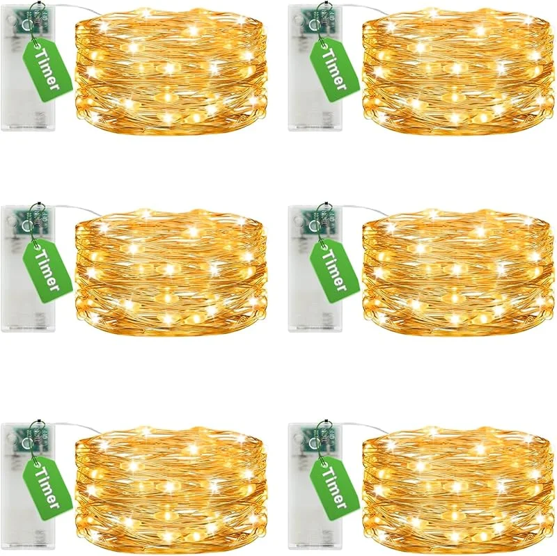 AdalyRoma 6 piezas Guirnalda luces led pilas, con temporizador 3M 30 LED micro alambre de cobre funcionamiento a pilas para interior decoración para fiesta jardín Navidad boda árbol dormitorio blanco cálido — Luces Navidad