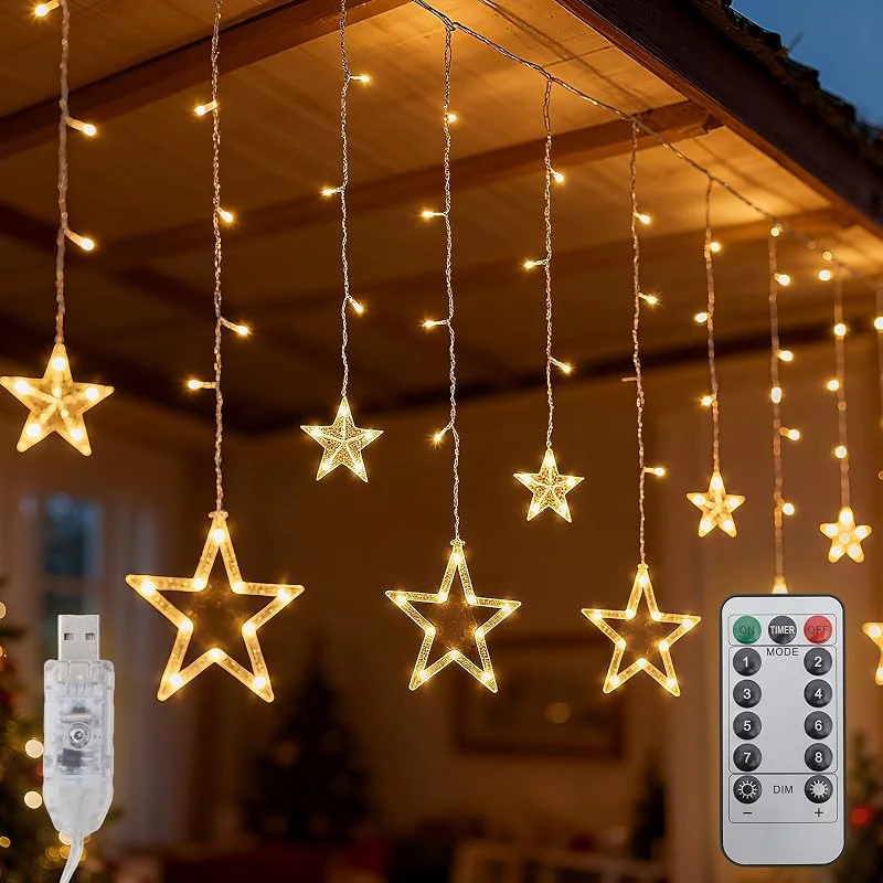 Visita la tienda de SALCAR SALCAR - Cortina de luces LED con estrellas y control remoto, 1 m, cadena de luces LED USB para interiores, ventanas, con 8 modos, temporizador y función de memoria, luces navideñas para decoración — Decoracion Navidad