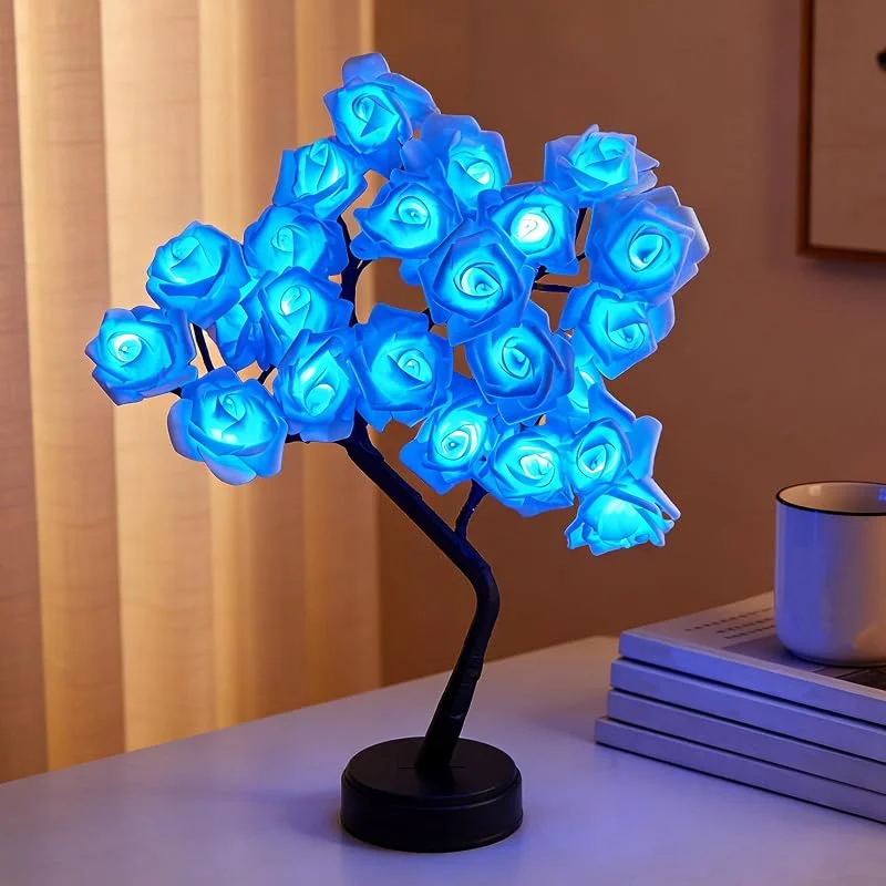 Visita la tienda de Richaa Lámpara de mesa con 24 luces LED de rosas, lámpara de mesa de árbol de rosas parpadeantes, bonita flor iluminada para dormitorio, sala de estar, fiesta, boda, cumpleaños, decoración de Navidad — Cena a la luz de velas