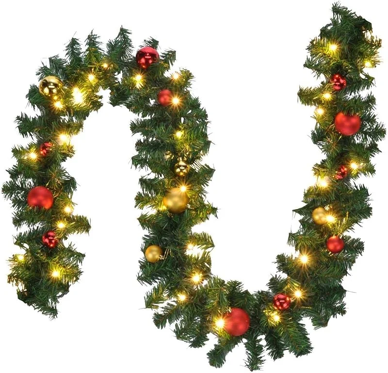 Bambelaa! Guirnalda de abeto verde, decoración navideña iluminada artificial, con cadena de luz, decoración navideña, rojo y dorado, 5 m — Decoracion Navidad