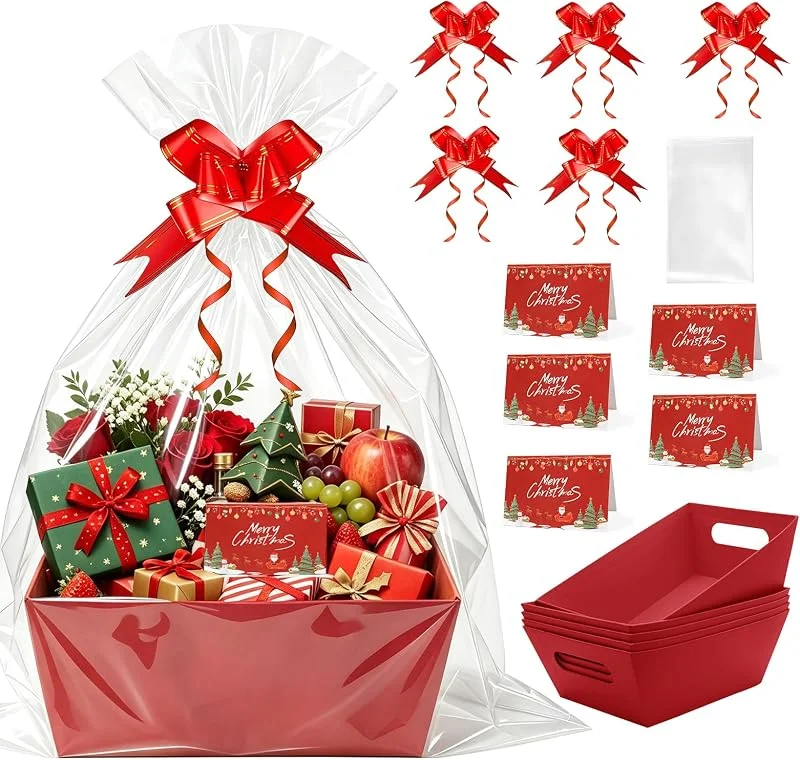 Gulxwis 5 Piezas Cesta de Regalo Vacía, 25 x 17 x 9 cm Cestas de Carton para Regalos Vacias, con Bolsas de Celofán, Cinta, Tarjeta de Felicitación para Navidad, Bodas, Cumpleaños, Rojo — Envoltorio regalo