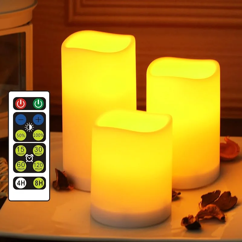 yucanucax Velas con temporizador, velas LED parpadeantes con control remoto, velas de batería para exteriores e interiores, 3 velas, alimentadas por 3 pilas AAA (no incluidas)… — Cena a la luz de velas