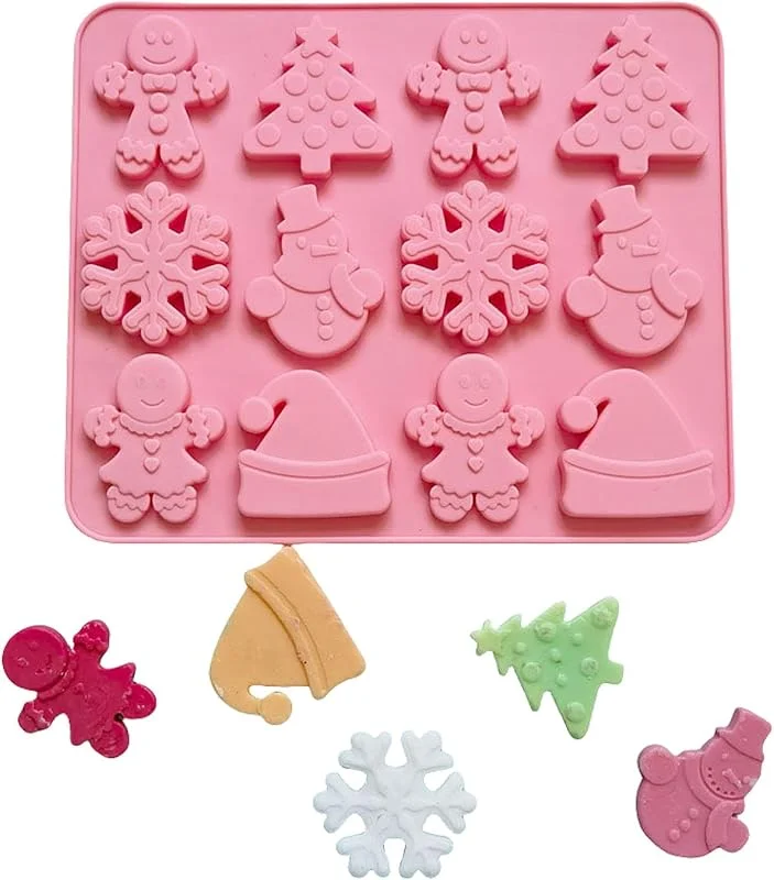 OTKARXUS Moldes de chocolate de Navidad, 1 pieza de 12 cavidades de pan de jengibre con sombrero de árbol de Navidad, muñeco de nieve, copo de nieve, molde de silicona para fondant, galletas de caramelo — Hogar y cocina