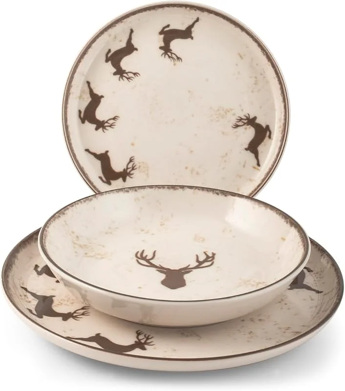 H&H Juego de Mesa Navidad 12 Piezas Wild Mocha en Gres - Platos Planos, Sopas y Postres con Diseño Tradicional y Acogedor, Ideal para Celebraciones Invernales y Festividades — Adviento y mesa