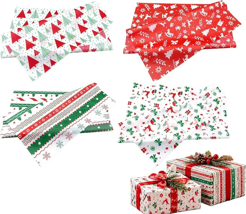 EceoThsy 80 Hojas De Papel Seda De Navidad, Mate Y Suave, Diseño Clásico De Santa Claus, Árboles De Navidad, Copos Y Lunares En Rojo Y Verde Para Envolver Regalos, Decoración — Envoltorio regalo