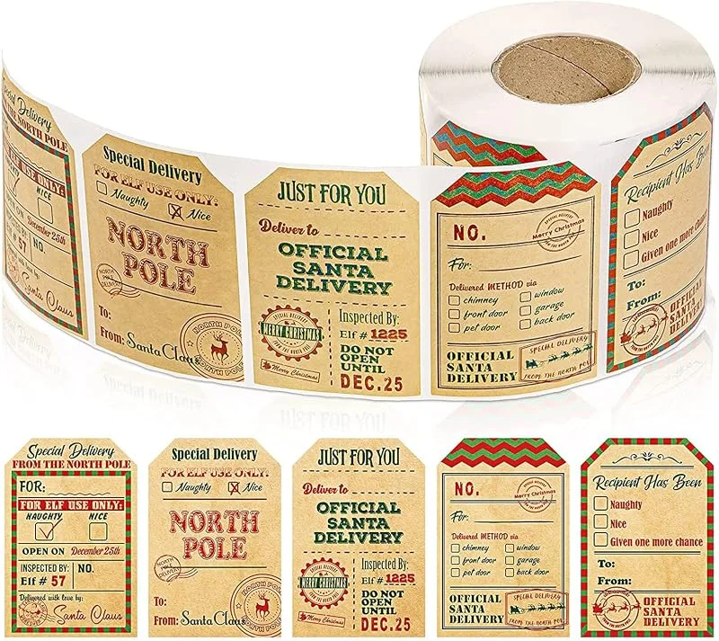 Anguxer Etiquetas regalo Navidad, 300 pcs etiquetas autoadhesivas Navideñas, pegatinas Navidad regalos, kraft natural marrón de santa polo norte pegatinas de etiquetas de regalo — Envoltorio regalo