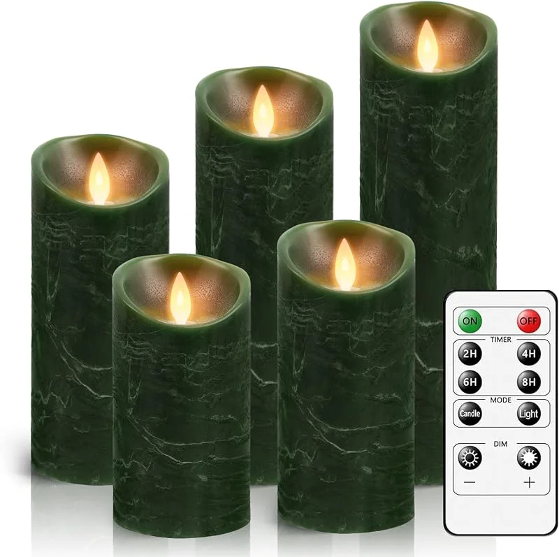 Visita la tienda de AiiBowy Velas LED Sin Llama [5 Piezas] - Cera Real, Funciona con Pilas, Llama Parpadeante, Control Remoto, Función de Temporización - Velas al Aire Libre para Halloween, Navidad, Decoración - Verde — Cena a la luz de velas