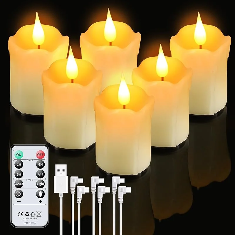 Forever Speed 6 Piezas Velas LED Recargables con Temporizador de Mando a Distancia, Vela Led Sin Llama Regulable con Cable de Carga USB para La Decoración Casera del Partido, Acampar — Cena a la luz de velas
