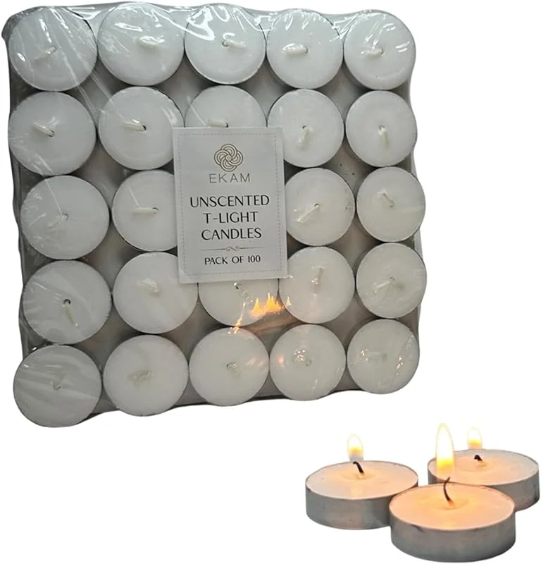 EKAM 00 velas de té sin perfume (blanco) de larga duración, ideales para decoración del hogar y regalo, mecha sin plomo, sin humo, sin hollín, 2, 5 horas, tiempo de combustión, 9 g — Cena a la luz de velas