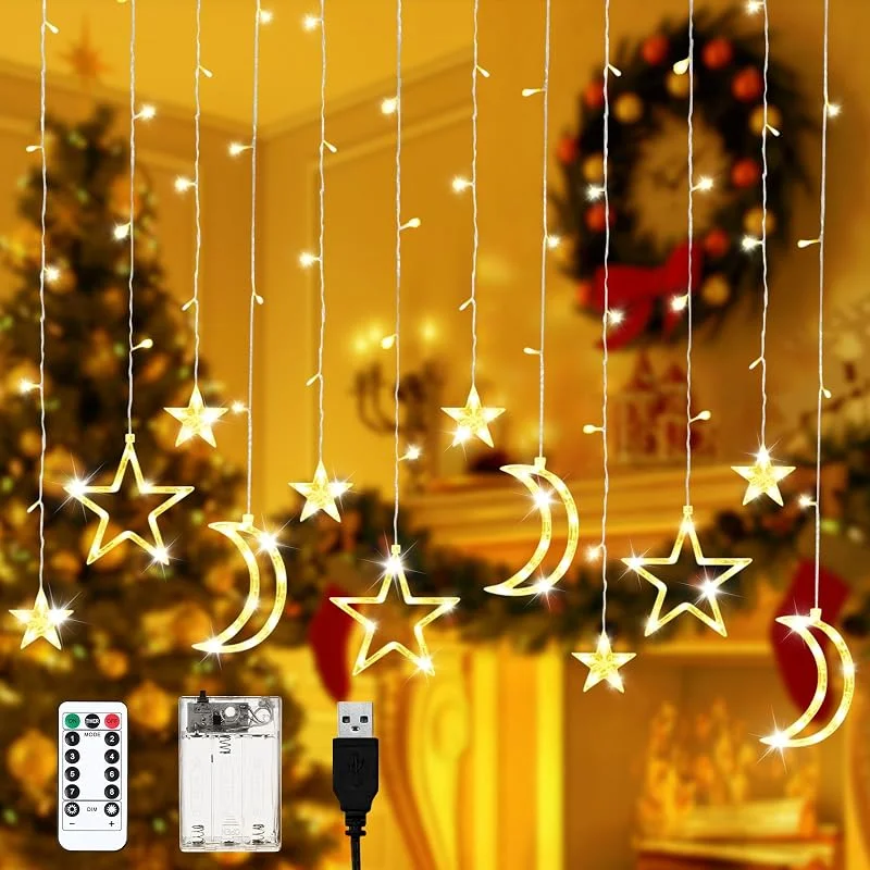 KOIROI Cadena de luces LED, 3.5M con 12 estrellas, cortina de estrellas blanco cálido, cortina de luces para interior y exterior, cadena de luces navideñas impermeable, 8 modos, decoración navideña para — Luces Navidad