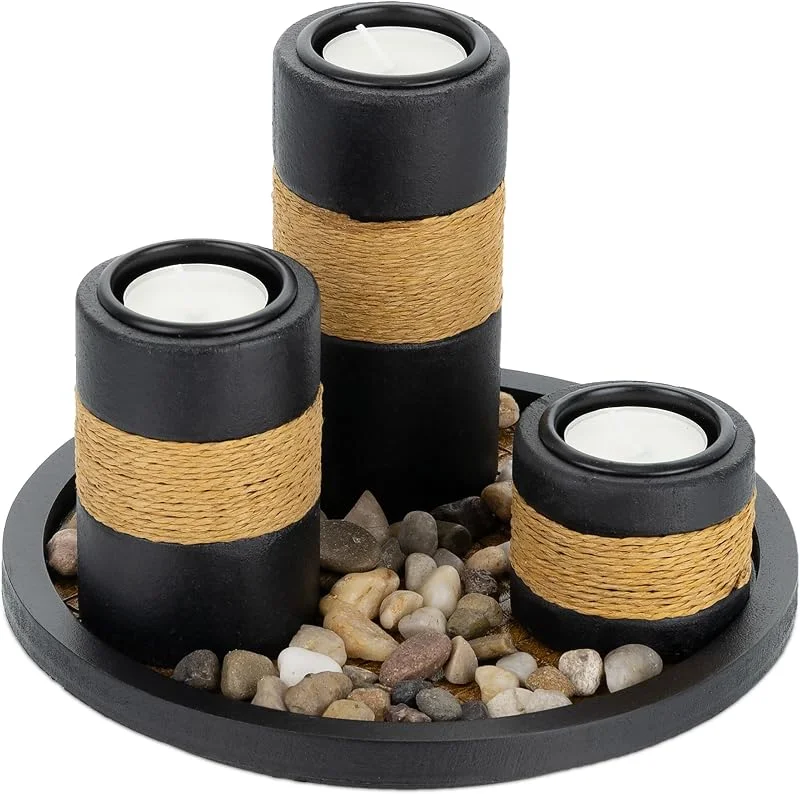 Visita la tienda de Relaxdays Relaxdays Set Portavelas con Bandeja y Piedras Decorativas, Ø 19, 5 cm, 3 Velitas, Decoración de Mesa, Negro, Marrón — Cena a la luz de velas