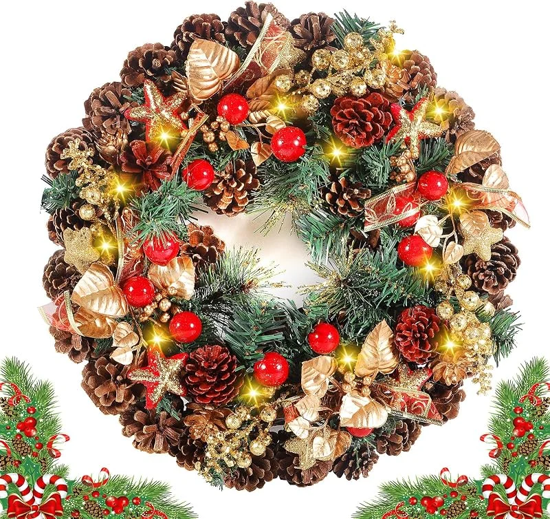 ZQEJEFD Corona de Navidad para Puerta LED, 30 cm Puerta de Entrada Colgante Guirnalda Decoración Corona de Adviento Corona con piñas y Bayas Decoración navideña Decorativa acción de Gracias — Decoracion Navidad