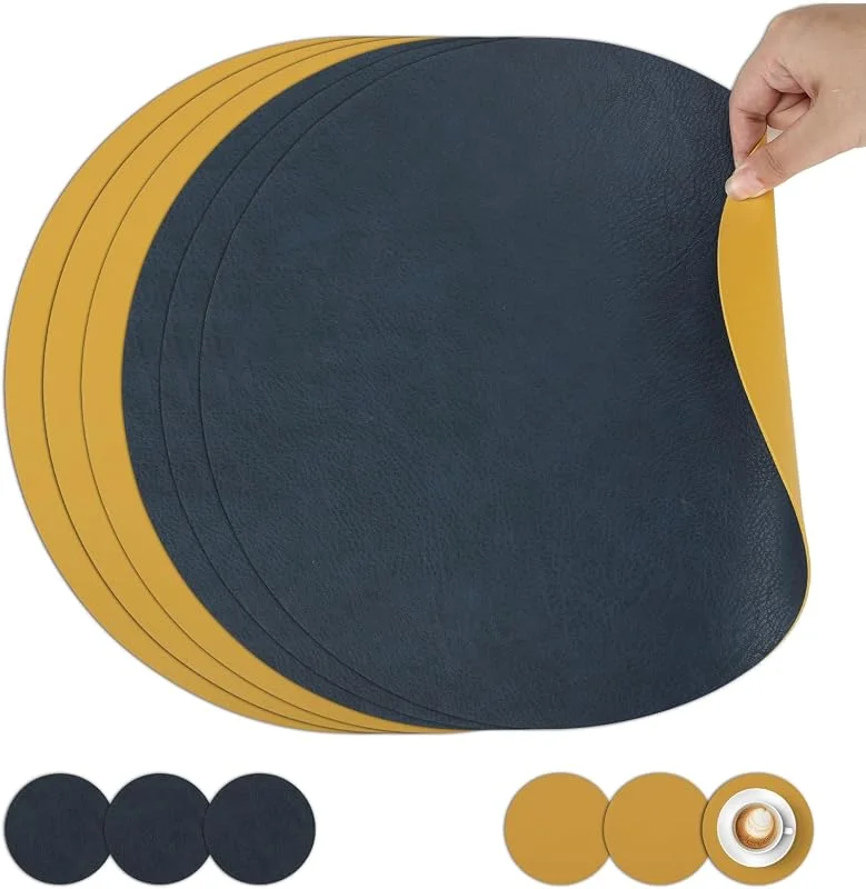 Visita la tienda de comfoyar comfoyar Juego de 6 Manteles Individuales y Posavasos Doble Cara Redondo, Salvamanteles Individuales de Cuero Lavables Impermeables para Cocinas y Comedores Decoración de Mesas(Azul Amarillo, 33cm) — Hogar y cocina