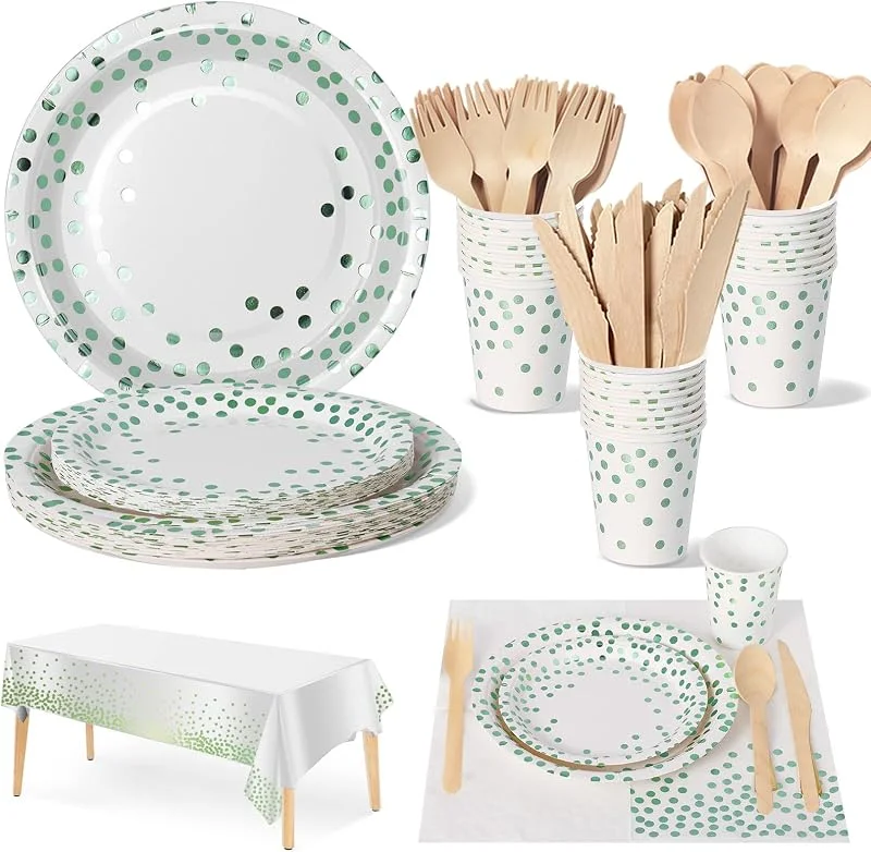 Nkaiso Blanco y Verde Vajilla Fiesta Cumpleaños, 141 Piezas Platos y Vaso Cumpleaños Infantil, Juego de vajilla para Fiestas Platos Servilletas Cubiertos para Baby Shower Aniversarios -20 Invitados — Adviento y mesa