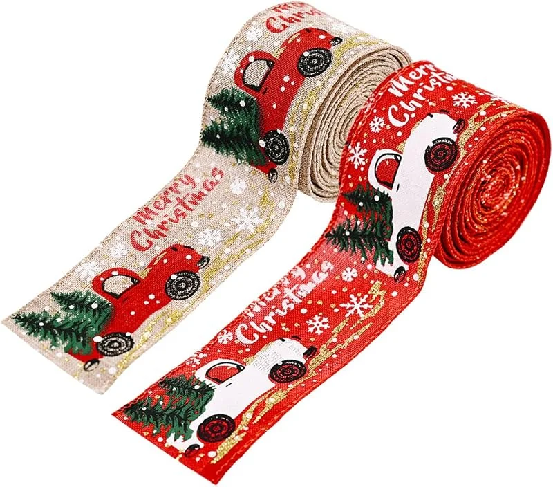 QUUPY 2 rollos de cinta con alambre de Navidad para árbol de Navidad y camión para envolver coronas de bricolaje, decoración de manualidades, 5 cm x 5 yardas — Envoltorio regalo