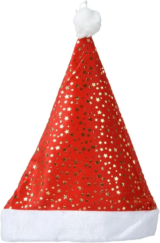 Kaemingk Gorro de Papá Noel 30 x 42 cm con patrón de estrellas, 1 pieza, gorro de Papá Noel esponjoso para adultos, gorro de Papá Noel, gorro para disfraz de Papá Noel, rojo, blanco y dorado — Ropa Navidad