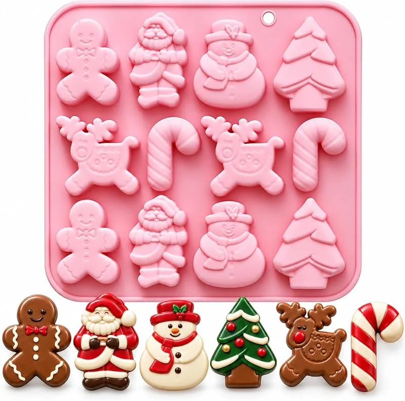PTaizjjz Molde de silicona de Navidad, molde de chocolate de Navidad, 12 cavidades, hombre de jengibre, árbol de Navidad, bastón de caramelo, muñeco de nieve, Papá Noel, alce, formas de jabón, moldes — Hogar y cocina