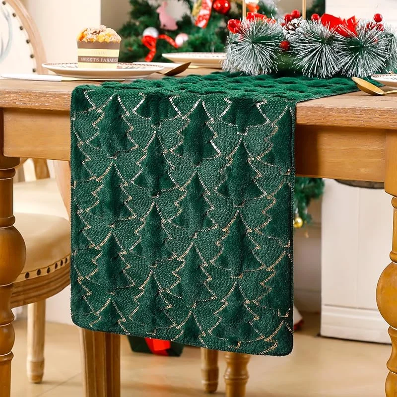 Miuyunya Camino de Mesa Navideño 33 X 183 cm Verde Oscuro Traves de Mesa Lavable Moderno Oro Árbol de Navidad Decoración de Comedor Navideño Invierno para Cocina Festival Rústica — Hogar y cocina