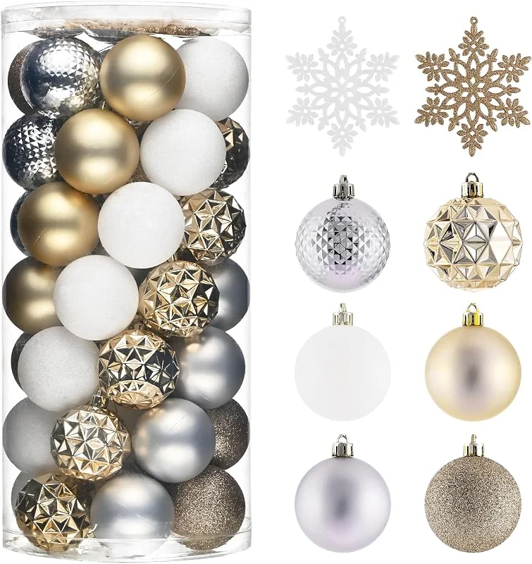 Visita la tienda de Valery Madelyn Valery Madelyn 50 piezas de bolas de Navidad de plástico con gancho, 5 cm, blanco y dorado, adornos para árbol de Navidad para decoración navideña, con copos de nieve colgantes a prueba de roturas — Decoracion Navidad
