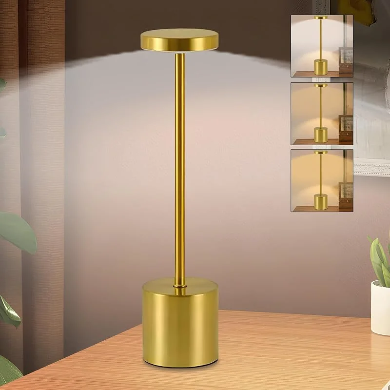 KZARYVEXIS Lámpara LED inalámbrica táctil recargable, temperatura tricolor, brillo ajustable, para mesitas de noche, comedor, exterior (oro) — Cena a la luz de velas