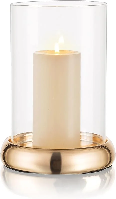 Romadedi Portavelas de cristal con cilindro de cristal: Romadedi - Portavelas decorativo para salón, boda, mesa de comedor, decoración de mesa, decoración de fiesta, color dorado — Adviento y mesa