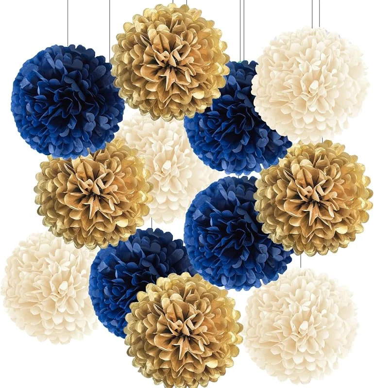 WHangXJangYE 12 pompones de papel de seda para colgar, abanicos de papel de Navidad, decoración navideña, fiestas, papel de panal, pompones de papel de seda, rojo, verde y blanco (azul marino dorado) — Envoltorio regalo
