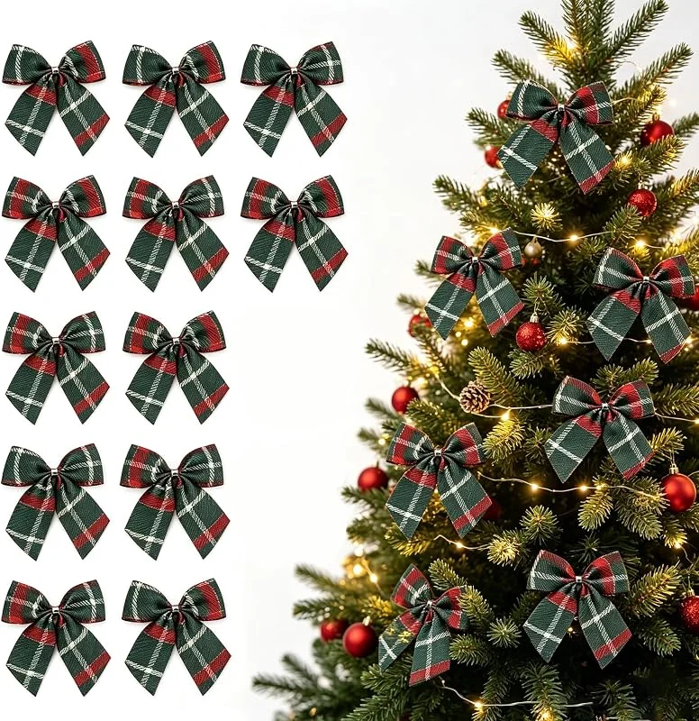 Copbopwn Lazos de Navidad 12 verde cuadros tela lazos árbol de navidad — Envoltorio regalo