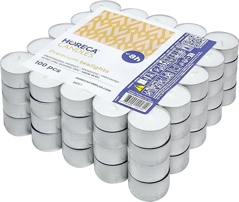Horeca Candles - Velas de té de 8 horas de combustión - Blanco - 100 unidades - Funda de aluminio - Candelitas para celebraciones, decoración, bodas, gastro, fiestas - Sin perfume — Cena a la luz de velas