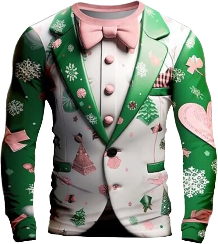 Generic Jersey de Navidad para hombre, traje falso impreso en 3D, suéter feo con diseño de árbol de copo de nieve, camiseta de manga larga para fiesta de Navidad, cena, graduación, boda, esmoquin — Ropa Navidad