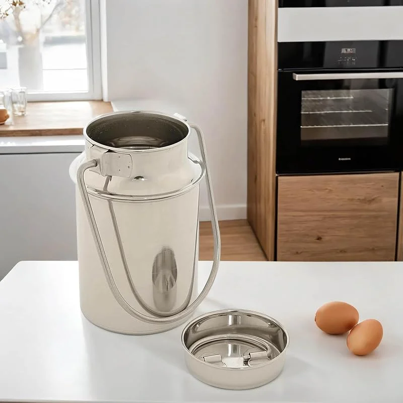 Licht-Erlebnisse Jarra de leche acero inoxidable 5l - jarra de leche - para salsas de café con leche - 25, 5 cm de altura - con tapa - asa contenedor de transporte - decoración - jarra de café - contenedor de vino — Vino y mesa festiva