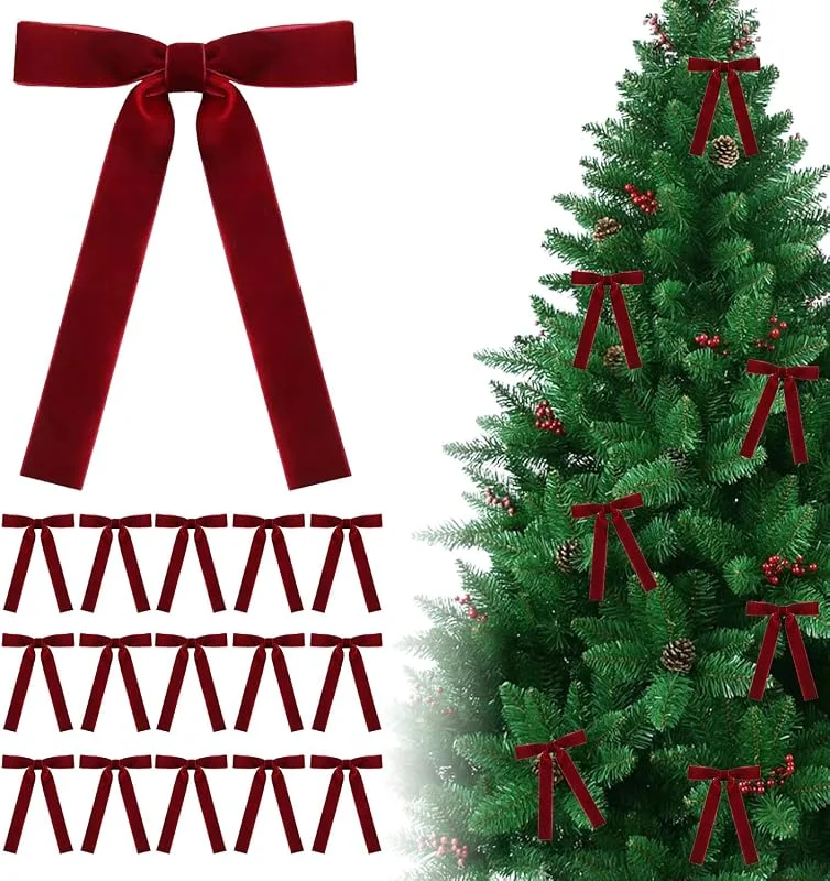 FIGCY 12 Lazos de Terciopelo Rojo Vino para Coronas de Navidad, decoración Vintage, Cintas de Terciopelo para árbol, Ornamentos y Decoraciones — Envoltorio regalo