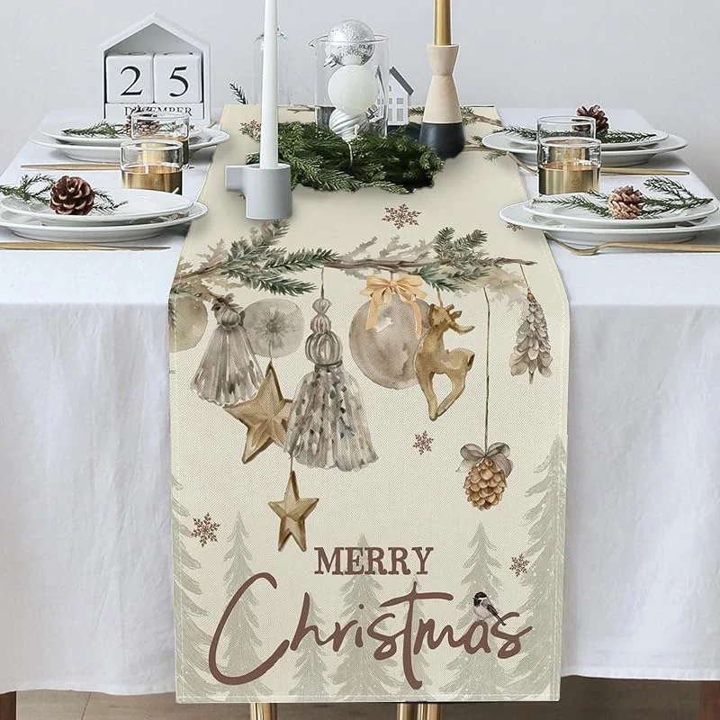 SSKHE Camino de mesa de Navidad de 33 x 183 cm, decoración de mesa de Navidad con árboles, ciervos, campanas, copos de nieve, camino de mesa dorado y plateado para comedor, cocina, fiesta de — Hogar y cocina
