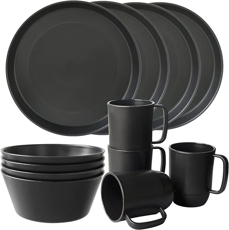 Greentainer Juego de Vajilla de Plástico 12 Piezas Irrompible – Servicio para 4 Personas con 4 Platos 24.5cm, 4 Cuencos 750ml, 4 Tazas 350ml, Ligera, Apilable, Apta Microondas y Lavavajillas, Libre de BPA, Negro — Adviento y mesa
