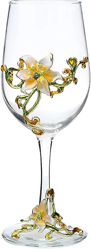 XUDREZ Globo de cristal pintado hecho a mano con flor esmaltada, copa de vino, regalos de cumpleaños para mujeres, mamá, amigos, día de la madre, sin plomo (lirio amarillo) — Vino y mesa festiva