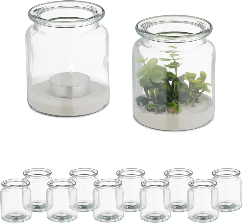 Visita la tienda de Relaxdays Relaxdays Portavelas Cristal, Set de 12, Interior y Exterior, 9, 5 x 8 cm, Porta Velas Redondos, Bodas, Transparente — Cena a la luz de velas