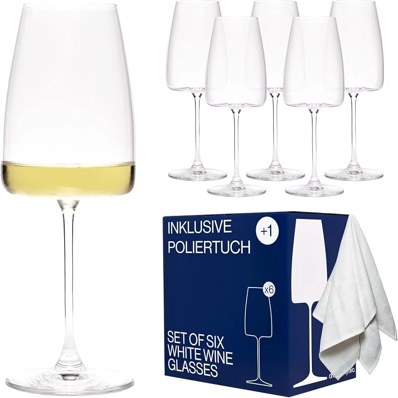 42 DRINKS Juego de 6 copas de vino blanco de 420 ml con paño de microfibra – Elegantes copas de vino y vasos Aperol Spritz – Apto para lavavajillas, embalaje irrompible, fabricado en Europa — Vino y mesa festiva
