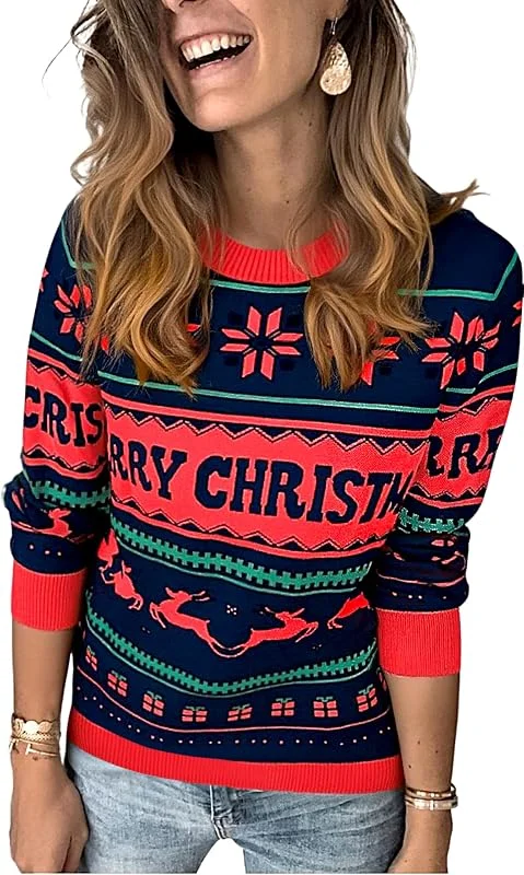Visita la tienda de Saodimallsu Saodimallsu Jersey de Navidad para Mujer, Cuello Redondo, Manga Larga, Punto de Renos, suéter de Invierno, Informal, cálido — Ropa Navidad