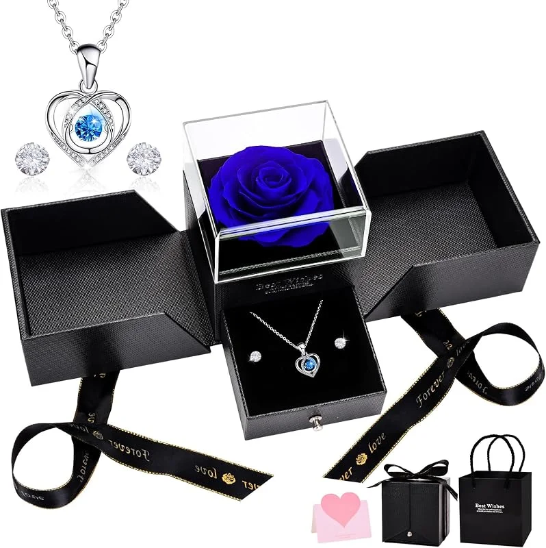 UUEMB Rosa Eterna, Azul Caja de Regalo de Rosa Preservada con Collar de Corazón y Aretes, Regalo de Cumpleaños de Aniversario Dia de la Madre Dia de San Valentín para Mamá Novia Hermana Mujeres — Envoltorio regalo