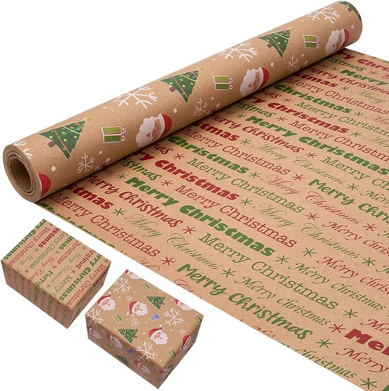 ZHNERY Rollo de papel de regalo de 43 x 10 m, papel kraft reciclable para decoración de regalos de Navidad y cumpleaños (Santa) — Envoltorio regalo