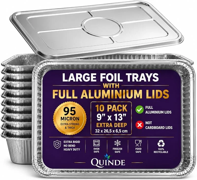 QUINDE Bandejas grandes de aluminio con tapas, 0 unidades, bandejas de aluminio resistentes de 3500 ml (equivalente a 32 x 26 cm, tapas de aluminio completas de alta calidad para catering — Hogar y cocina