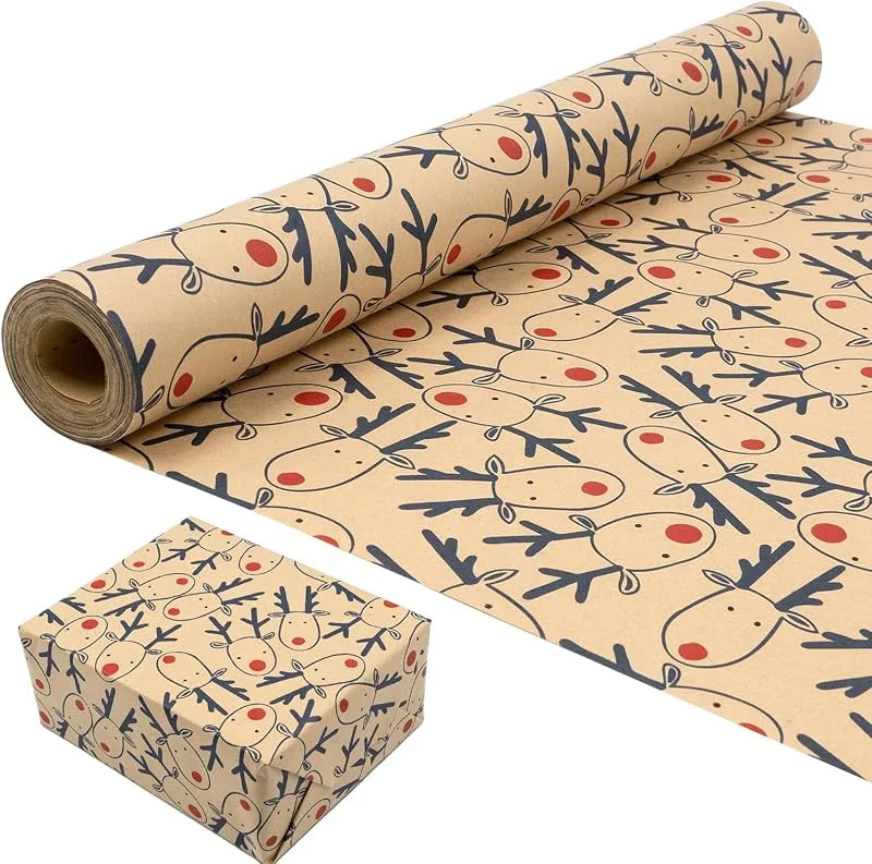 ZHNERY Rollo de embalaje de papel Kraft navideño: papel de embalaje de regalo diseñado para el Festival Blue alce 43 cm x 15 m — Envoltorio regalo