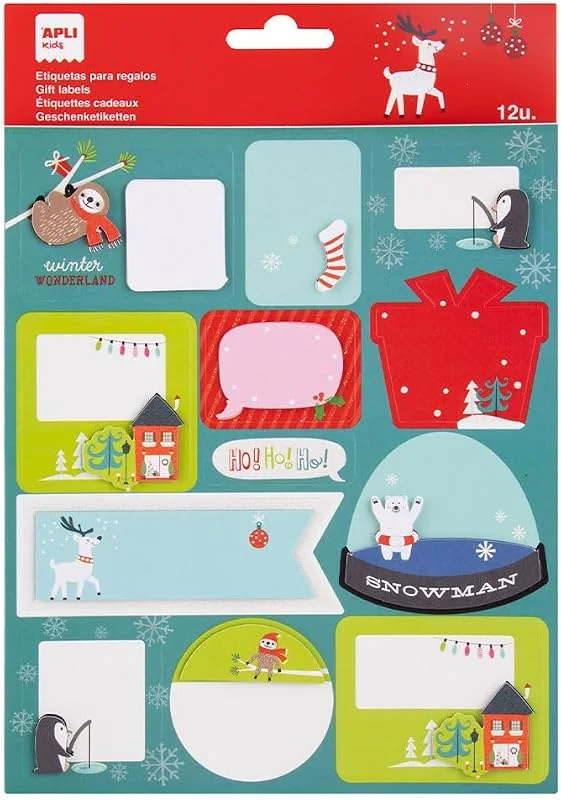 Visita la tienda de APLI APLI Kids 20225 - Etiquetas regalo Navidad, modelo Bola de nieve- Pegatinas para identificar y decorar los regalos, 1 hoja de adhesivos — Envoltorio regalo