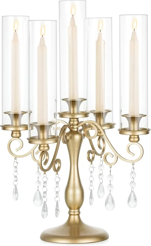 Visita la tienda de Sziqiqi Sziqiqi Portavelas Candelabro Oro: Centro de Mesa Candelabro de 5 Brazos para Bodas - Portavelas Vintage con Huracané de Vidrio para Comidas Al Aire Libre Fiestas de Navidad Cumpleaños y Aniversarios — Decoracion Navidad