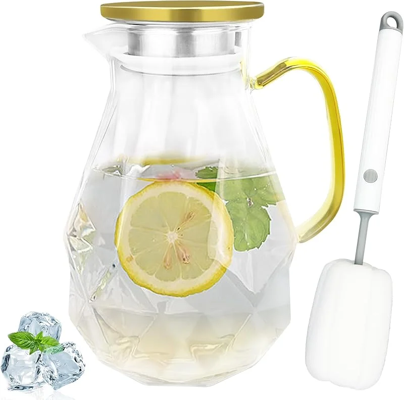Gentpovth Jarra de Vidrio de 2, 2 Litros con Tapa de Acero Inoxidable, botella cristal boca ancha, con cepillo suave de limpieza, para bebidas frías y calientes, fría Caliente té, jugo casero — Vino y mesa festiva