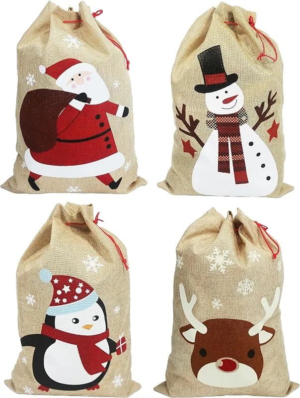 Visita la tienda de Hooin Conjunto de 4 bolsas de Navidad - Bolsas de regalo medianas con cordón de 35x50cm - Bolsas reutilizables para regalos y decoración. 4 diseños (Papá Noel, muñeco de nieve, reno y pingüino) — Envoltorio regalo